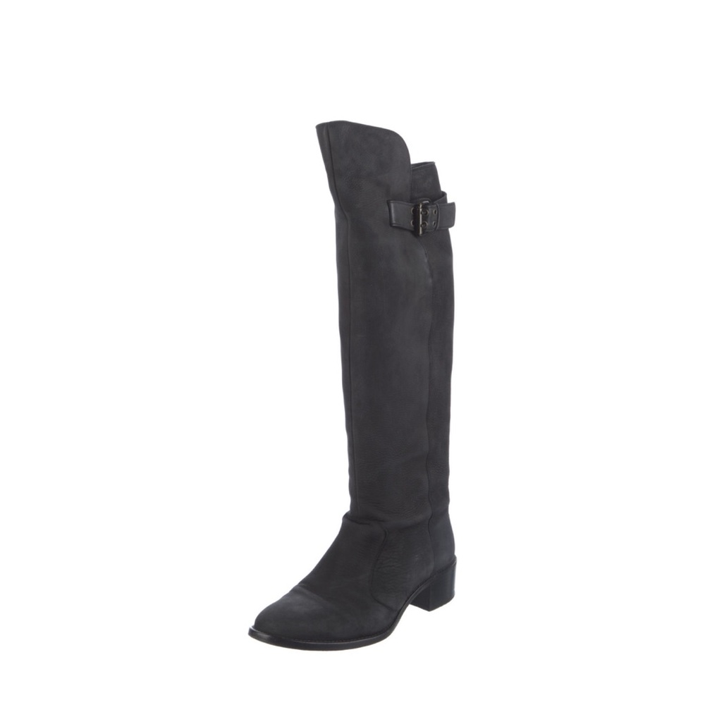 FENDI Black Nubuck Leather Knee High Riding Boots Almond Toe Heel Size 38 ITALY
